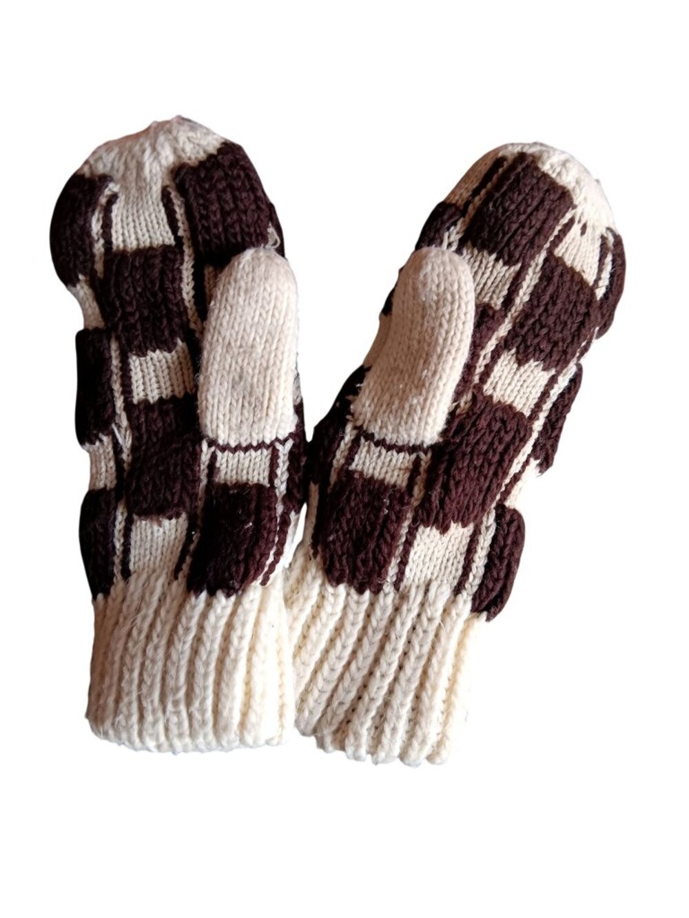 Vintage Handknit Mittens Checkered Brown & Cream Winter Granny Made 1970's